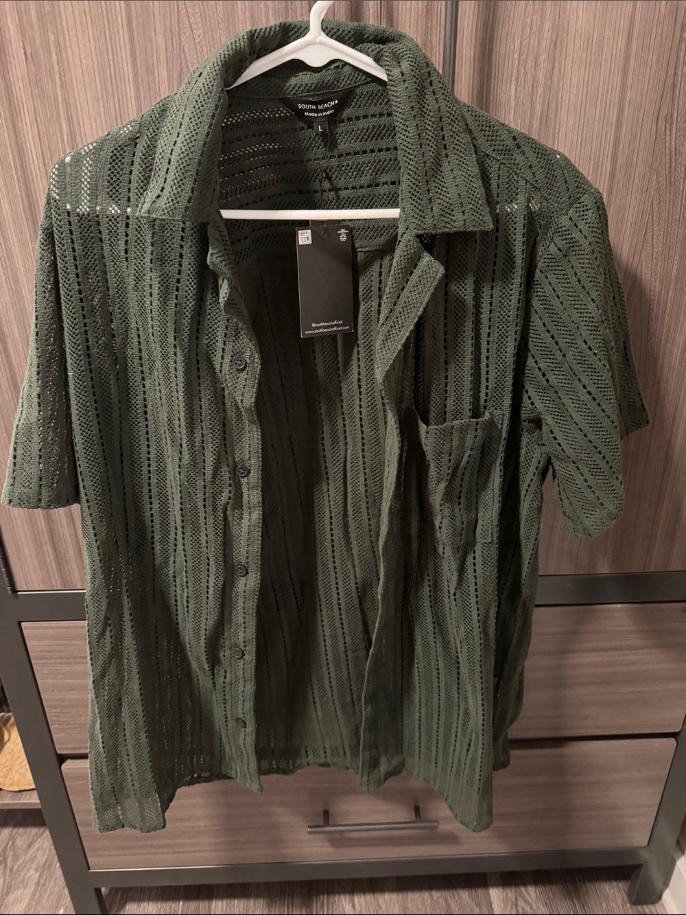 South Beach Olive Green Short Sleeve Knit Button-Down Shirt